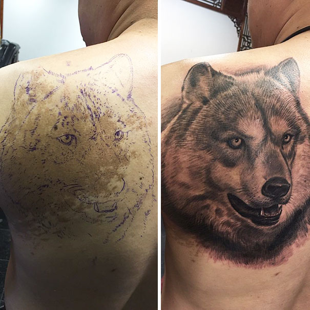 12. En varg-tatuering täcker födelsemärket
