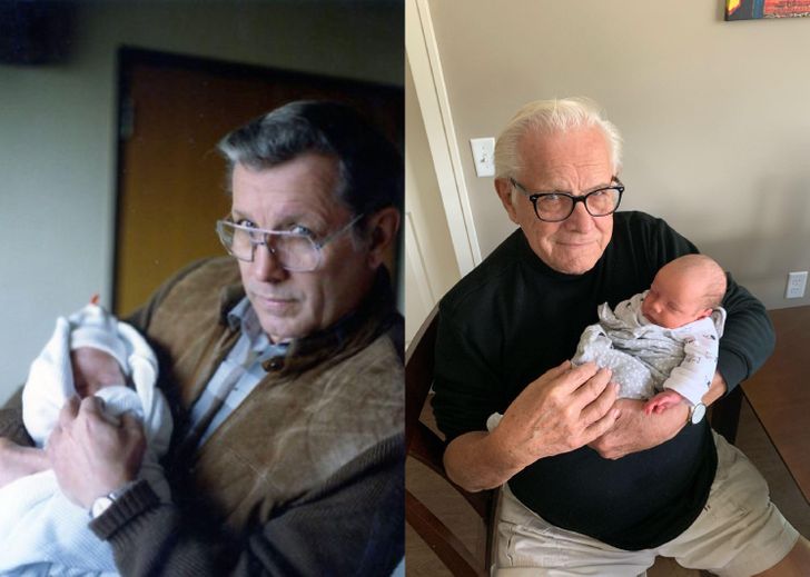 14. Min farfar håller om mig (1990) och min son 29 år senare (2019).