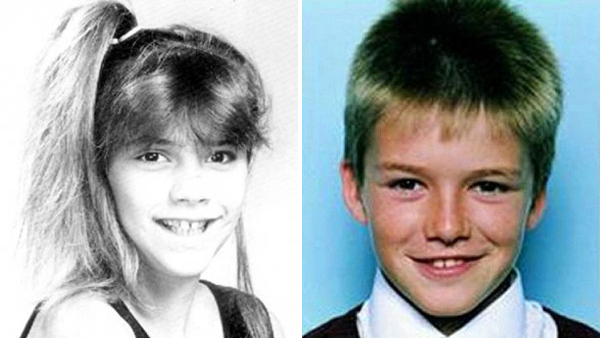 Victoria och David Beckham som unga